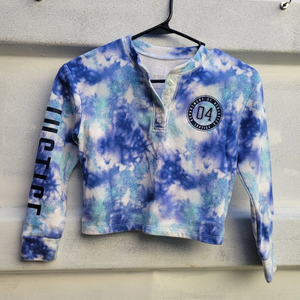 ❤️🩷❤️ Justice Active tie dye crop sweater top blue white 6